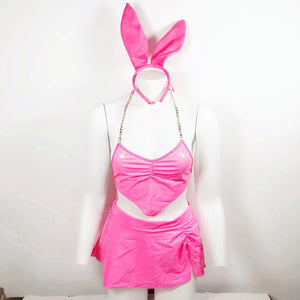 Costume vinyle sexy ensemble jupe haut oreilles lapin Blue Latex - GUAPPAA