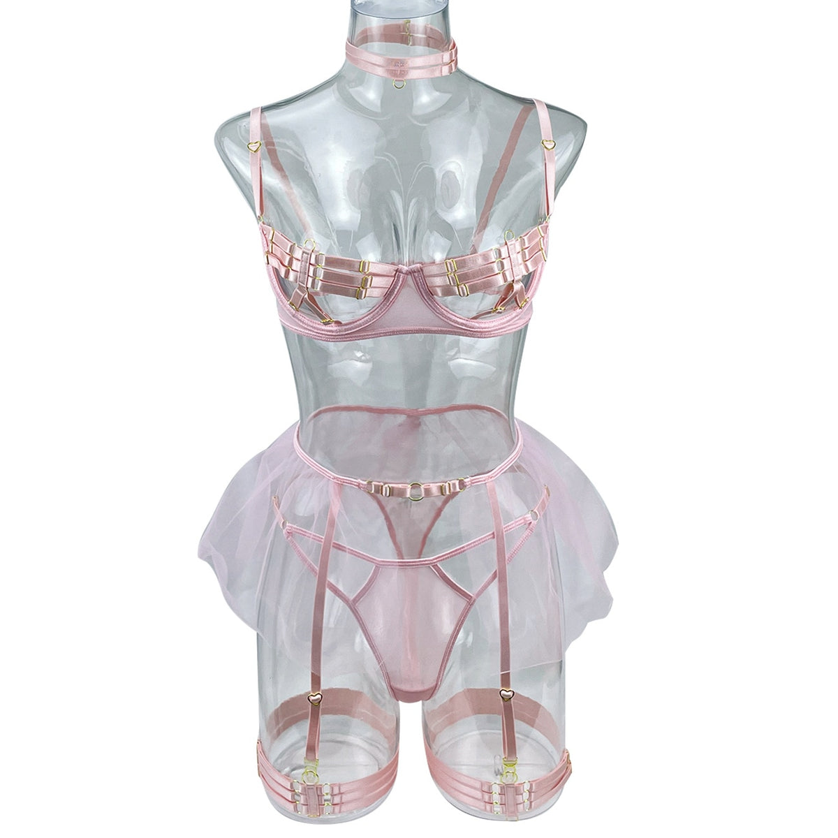 Ensemble de lingerie à bandes sexy transparent à frou-frou Sainte Vierge rouge ou rose S M L - GUAPPAA