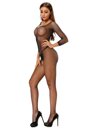 Shinning – Combinaison Résille Strass Manches Longues – Femme portant un body résille noir transparent à manches longues avec strass lingerie