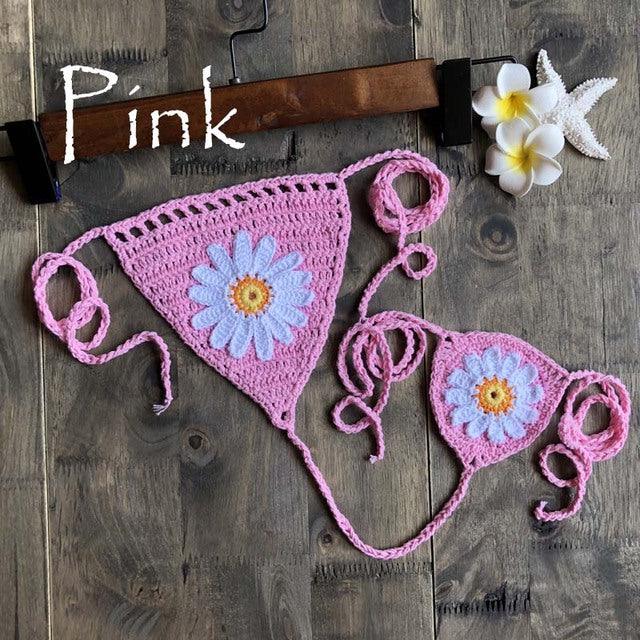 Micro bikini string ficelle crochet extrême deux pièces tricoté main Paquerettes - GUAPPAA