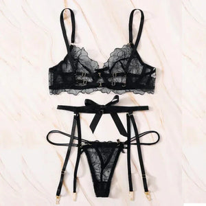 Lingerie sexy ensemble trois pièces noir porte-jarretelles string soutien-gorge Espiègle - GUAPPAA