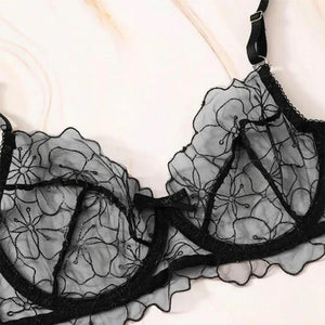 Lingerie sexy ensemble trois pièces noir porte-jarretelles string soutien-gorge Espiègle - GUAPPAA