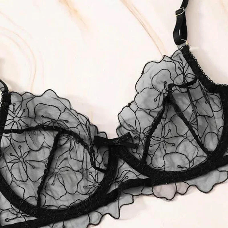 Lingerie sexy ensemble trois pièces noir porte-jarretelles string soutien-gorge Espiègle - GUAPPAA