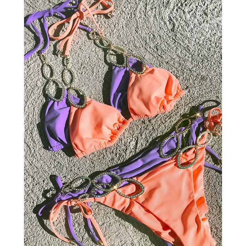 Maillot de bain string tanga ficelle deux pièces push-up à strass Le Majestic - GUAPPAA