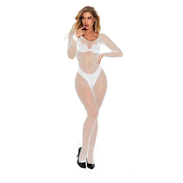 XS-XXXL Body résille sexy intégral à manches longues noir blanc rouge rose violet vert - GUAPPAA