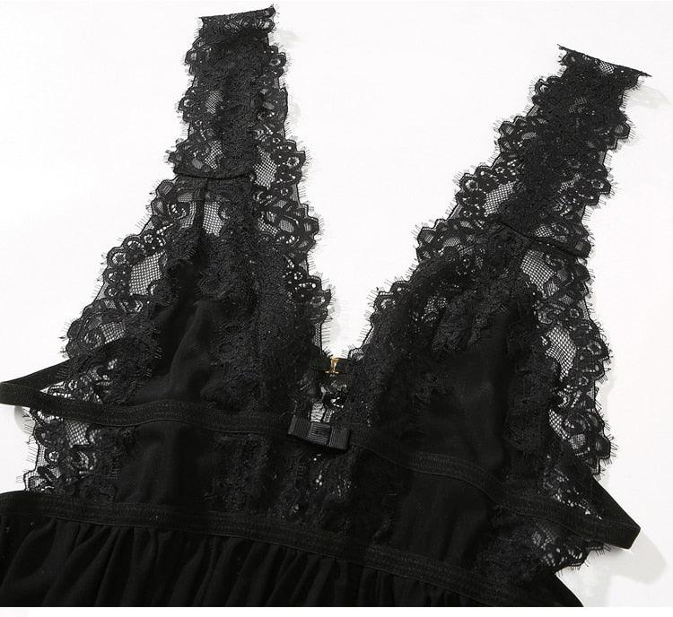 S M L Robe de chambre dentelle transparente ouverte au dos noir blanc - GUAPPAA
