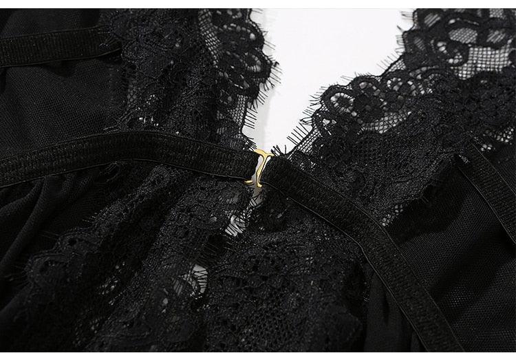 S M L Robe de chambre dentelle transparente ouverte au dos noir blanc - GUAPPAA