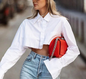 S M L Crop top chemise manches longues noir blanc à boutons mode femme tendance Lenny - GUAPPAA