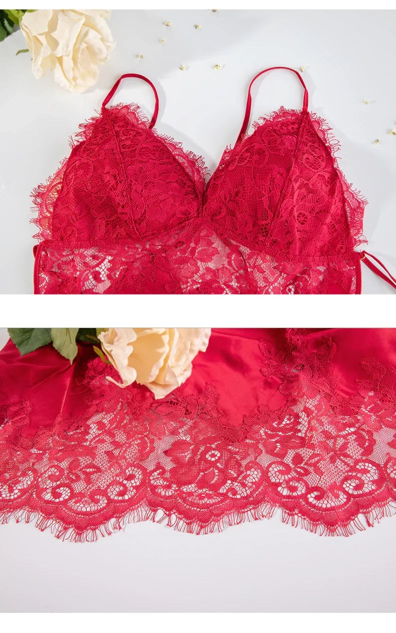 Sous-vêtement nuisette satinée avec dentelle dos nu fendue sexy - GUAPPAA