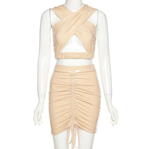 Ensemble clubwear vinyle mini jupe et crop top croisé ouvert sexy Réserve - GUAPPAA
