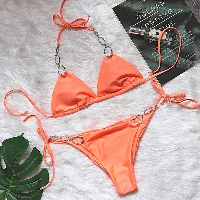 Maillot de bain string tanga ficelle deux pièces push-up à strass Le Majestic - GUAPPAA