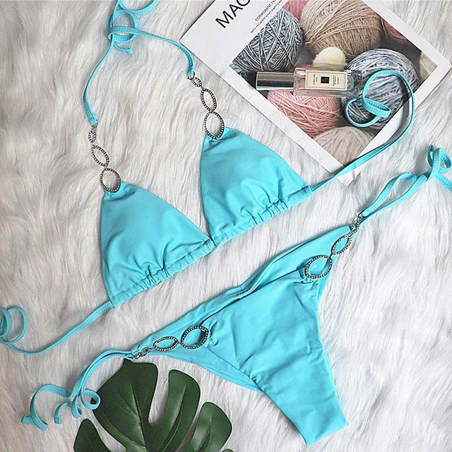 Maillot de bain string tanga ficelle deux pièces push-up à strass Le Majestic - GUAPPAA