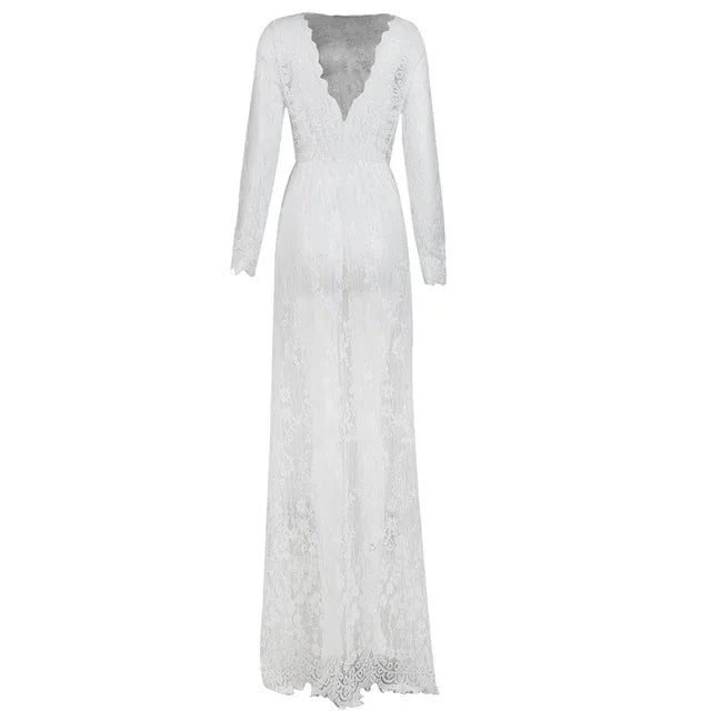 XS-3XL Robe dentelle transparente lingerie à manches longues Nuit Rouge - GUAPPAA