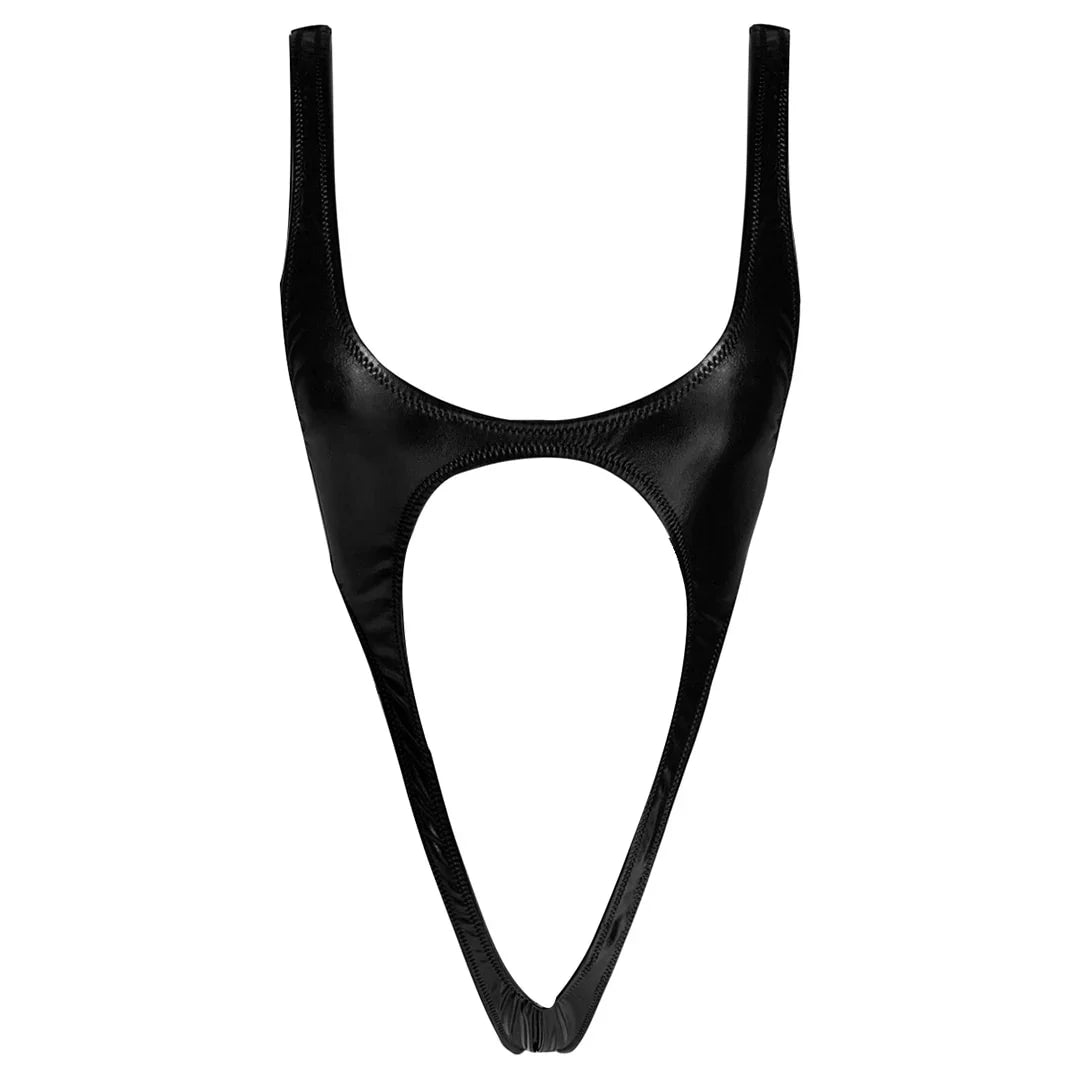S-XL Mini micro maillot de bain une pièce string noir dos nu simili latex wetlook Agustin - GUAPPAA