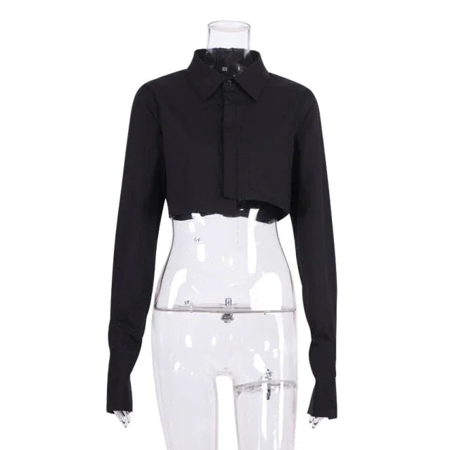 S M L Crop top chemise manches longues noir blanc à boutons mode femme tendance Lenny - GUAPPAA