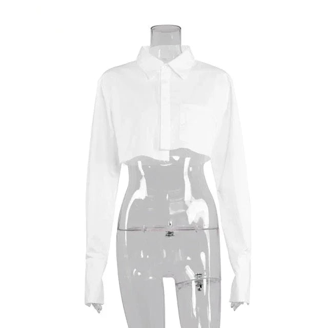 S M L Crop top chemise manches longues noir blanc à boutons mode femme tendance Lenny - GUAPPAA