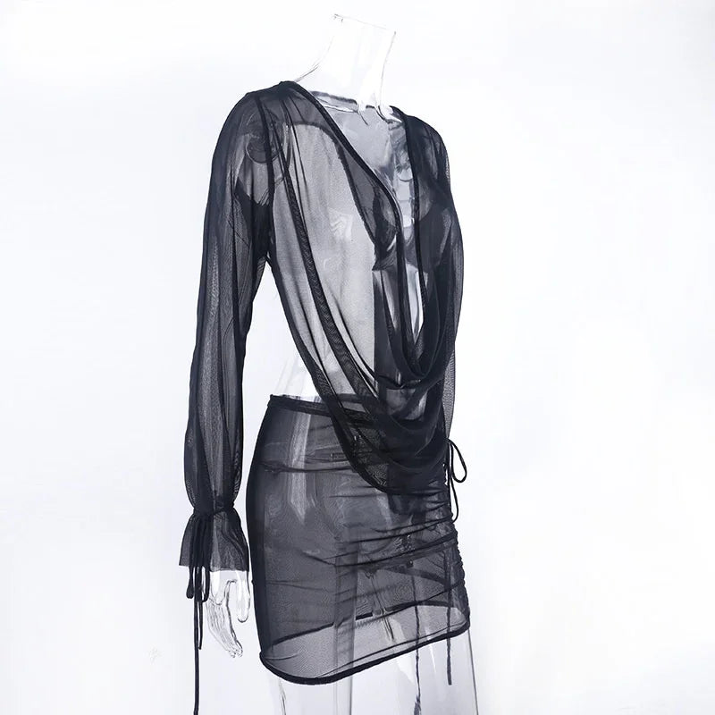 Mini robe décolleté plongeant plissé S M L XL manches longues transparente clubbing soirée Malaga - GUAPPAA