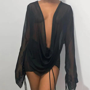 Mini robe décolleté plongeant plissé S M L XL manches longues transparente clubbing soirée Malaga - GUAPPAA