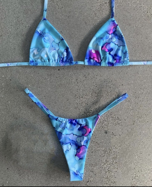 S-L Aquarelle mini maillot de bain bikini string ficelle bleu