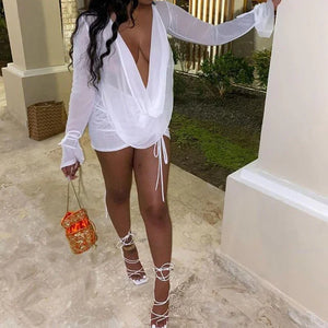 Mini robe décolleté plongeant plissé S M L XL manches longues transparente clubbing soirée Malaga - GUAPPAA