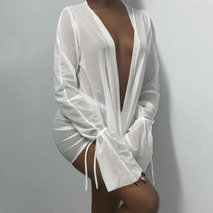 Mini robe décolleté plongeant plissé S M L XL manches longues transparente clubbing soirée Malaga - GUAPPAA