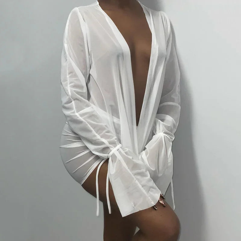 Mini robe décolleté plongeant plissé S M L XL manches longues transparente clubbing soirée Malaga - GUAPPAA