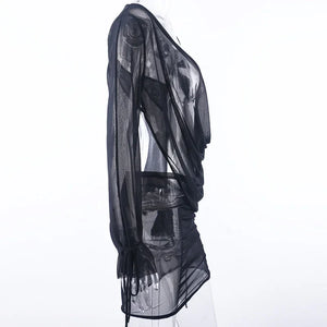 Mini robe décolleté plongeant plissé S M L XL manches longues transparente clubbing soirée Malaga - GUAPPAA
