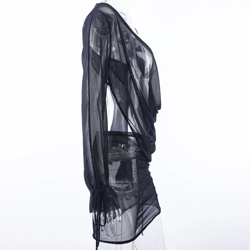 Mini robe décolleté plongeant plissé S M L XL manches longues transparente clubbing soirée Malaga - GUAPPAA
