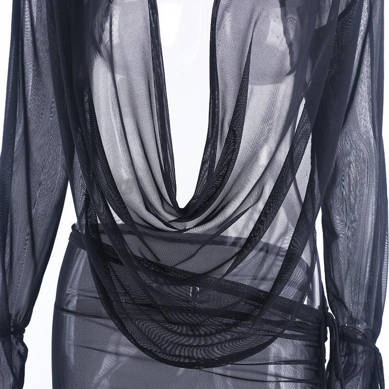Mini robe décolleté plongeant plissé S M L XL manches longues transparente clubbing soirée Malaga - GUAPPAA