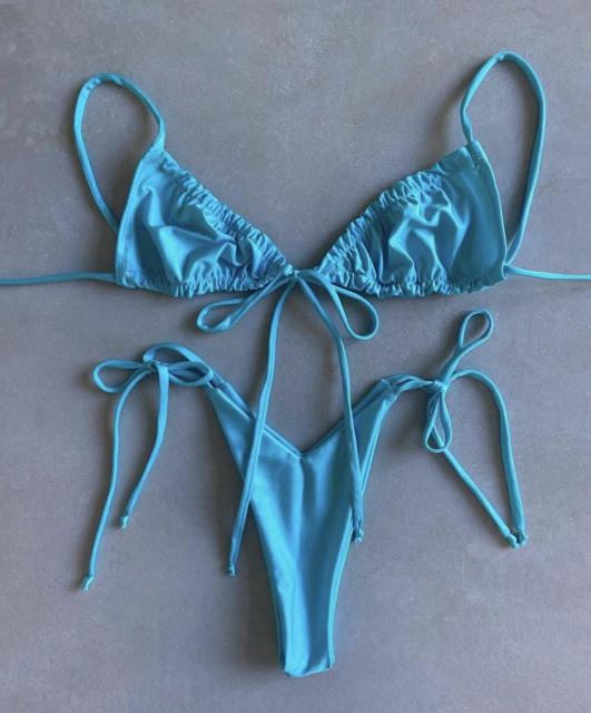 S M L Maillot de bain string ficelle taille haute deux pièces bleu ciel série Tarifa Sunrise