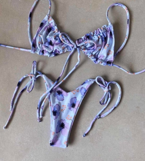 S-L Bikini string ficelle taille haute deux pièces bleu fleuri série Tarifa Sunrise