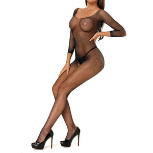 Femme portant un body résille noir transparent, lingerie sexy, talons hauts, collection Guappaa