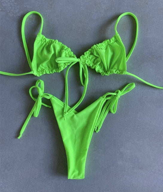 S-L Bikini string ficelle taille haute deux pièces vert fluo série Tarifa Sunrise