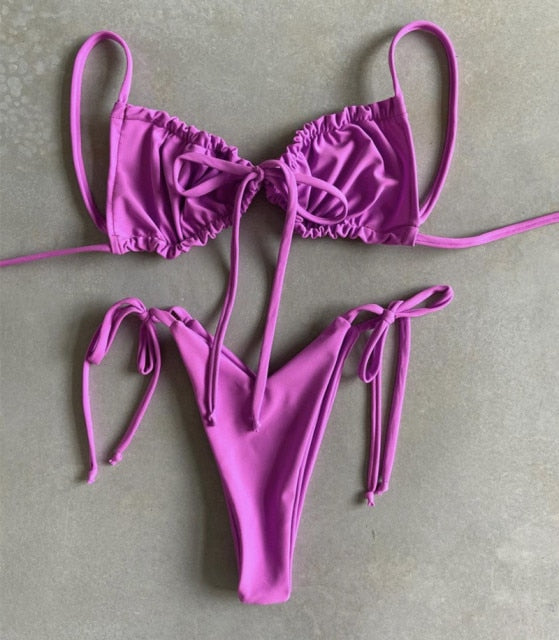 S-L Bikini string ficelle taille haute rose fuchsia deux pièces série Tarifa Sunrise