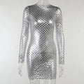 Robe moulante mi-cuisse percée métallisée à manches longues sexy Rubis - GUAPPAA