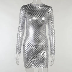 Robe moulante mi-cuisse percée métallisée à manches longues sexy Rubis - GUAPPAA