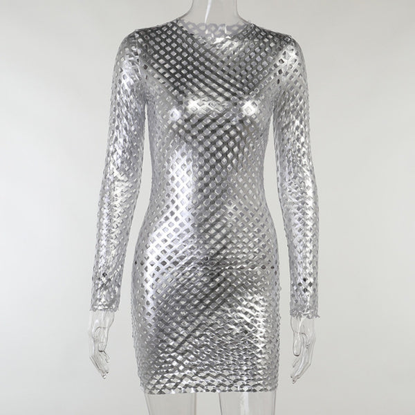 XS S M L Mini robe ouverte losanges argentée métallisée à manches longues sexy clubwear