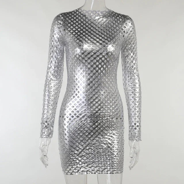 Robe moulante mi-cuisse percée métallisée à manches longues sexy Rubis - GUAPPAA