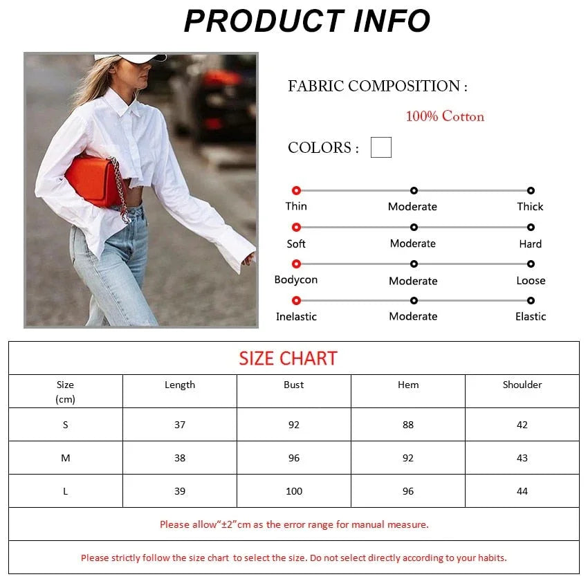S M L Crop top chemise manches longues noir blanc à boutons mode femme tendance Lenny - GUAPPAA
