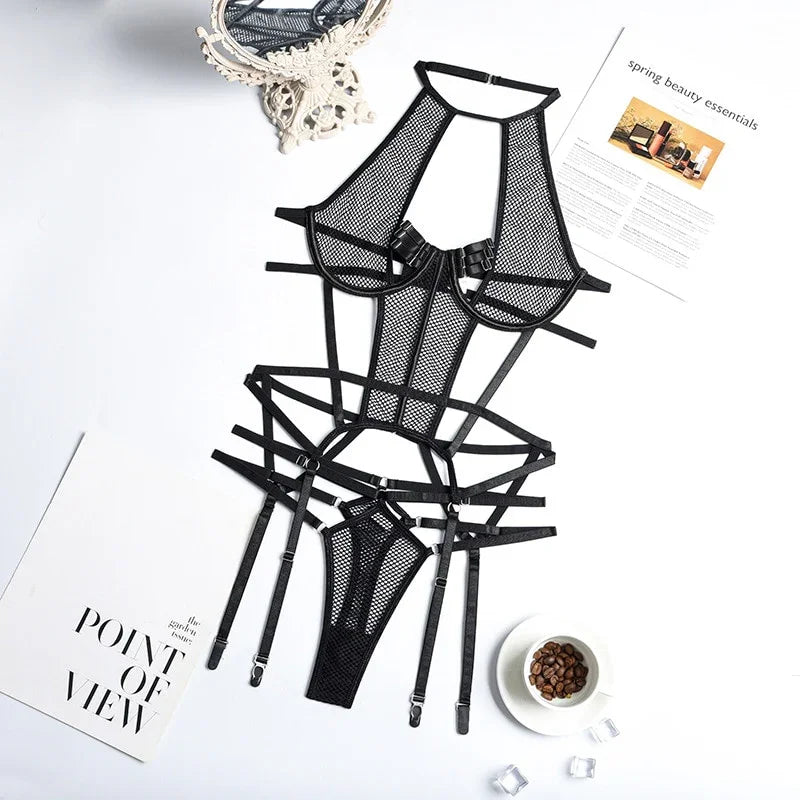 Ensemble lingerie sexy bustier string et porte-jarretelles rouge noir Le Pigalle - GUAPPAA