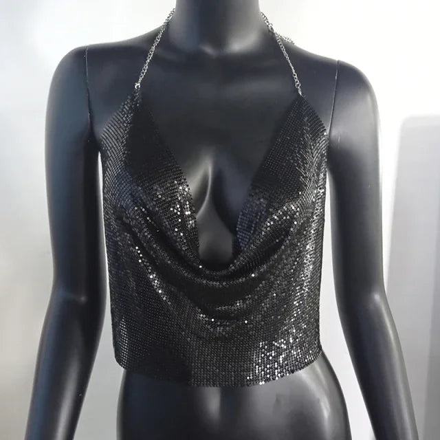 XS-XXL Crop top dos nu brillant à sequins paillettes et décolleté profond Lorna - GUAPPAA