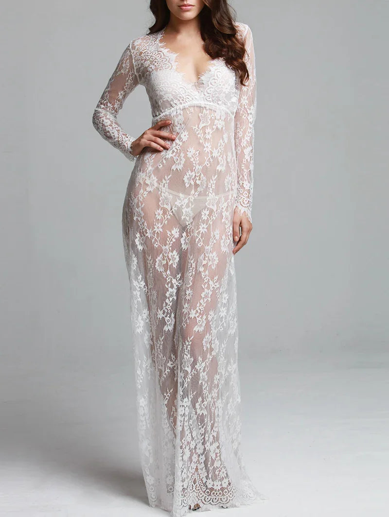 XS-3XL Robe dentelle transparente lingerie à manches longues Nuit Rouge - GUAPPAA