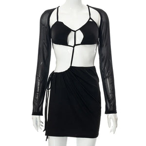 S M L Petite robe noire fendue dos nu ouverte lacée à manches transparentes Midnight - GUAPPAA