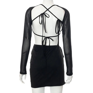 S M L Petite robe noire fendue dos nu ouverte lacée à manches transparentes Midnight - GUAPPAA