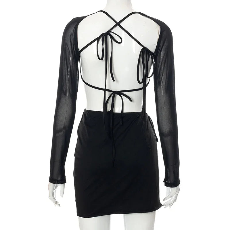 S M L Petite robe noire fendue dos nu ouverte lacée à manches transparentes Midnight - GUAPPAA