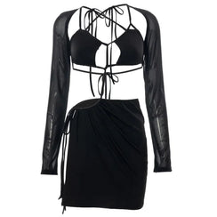 S M L Petite robe noire fendue dos nu ouverte lacée à manches transparentes Midnight - GUAPPAA