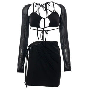 S M L Petite robe noire fendue dos nu ouverte lacée à manches transparentes Midnight - GUAPPAA