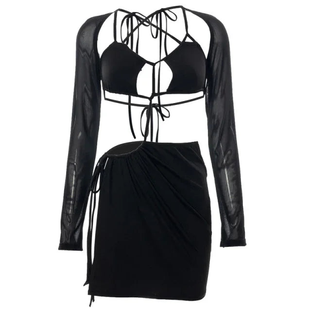 S M L Petite robe noire fendue dos nu ouverte lacée à manches transparentes Midnight - GUAPPAA