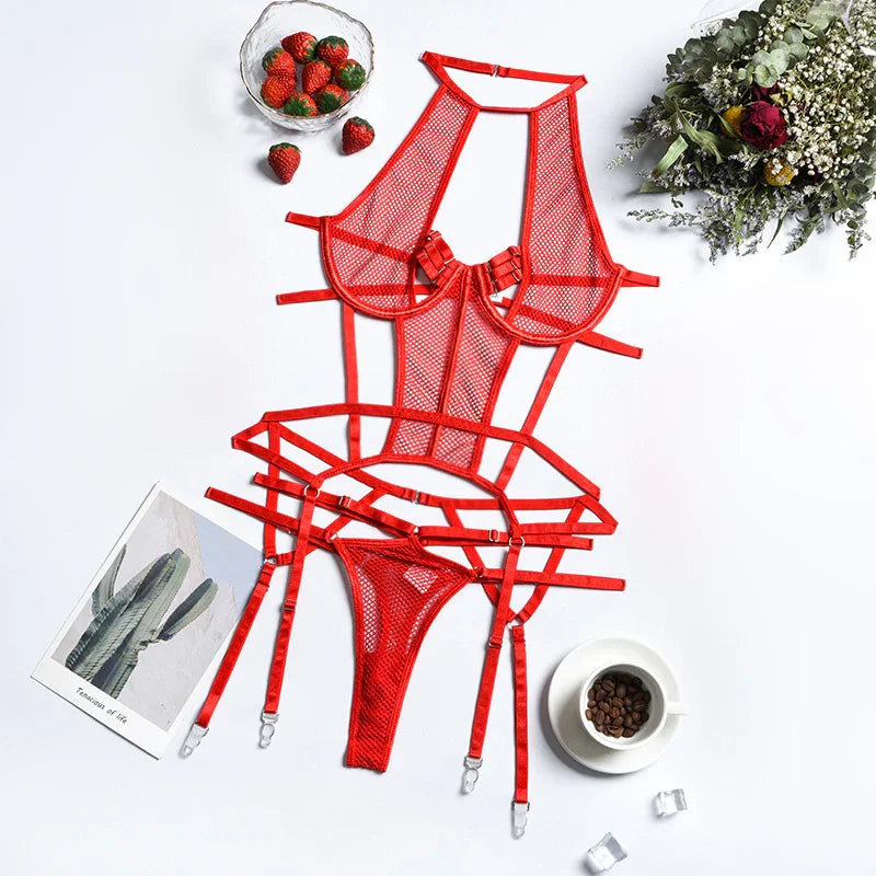 Ensemble lingerie sexy bustier string et porte-jarretelles rouge noir Le Pigalle - GUAPPAA