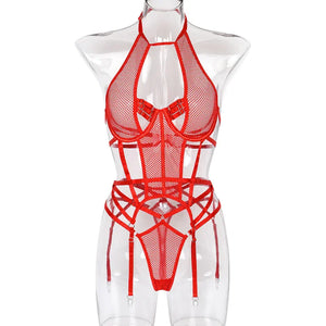 Ensemble lingerie sexy bustier string et porte-jarretelles rouge noir Le Pigalle - GUAPPAA